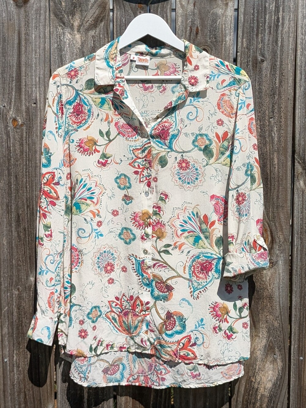 Tianello Medium LS Washable Silk Top Floral With White Background
